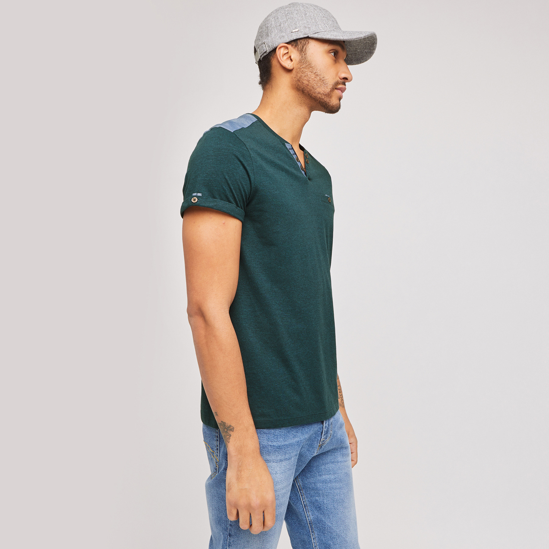 Tee-shirt col tunisien avec détails chambray coton Vert/Kaki Homme