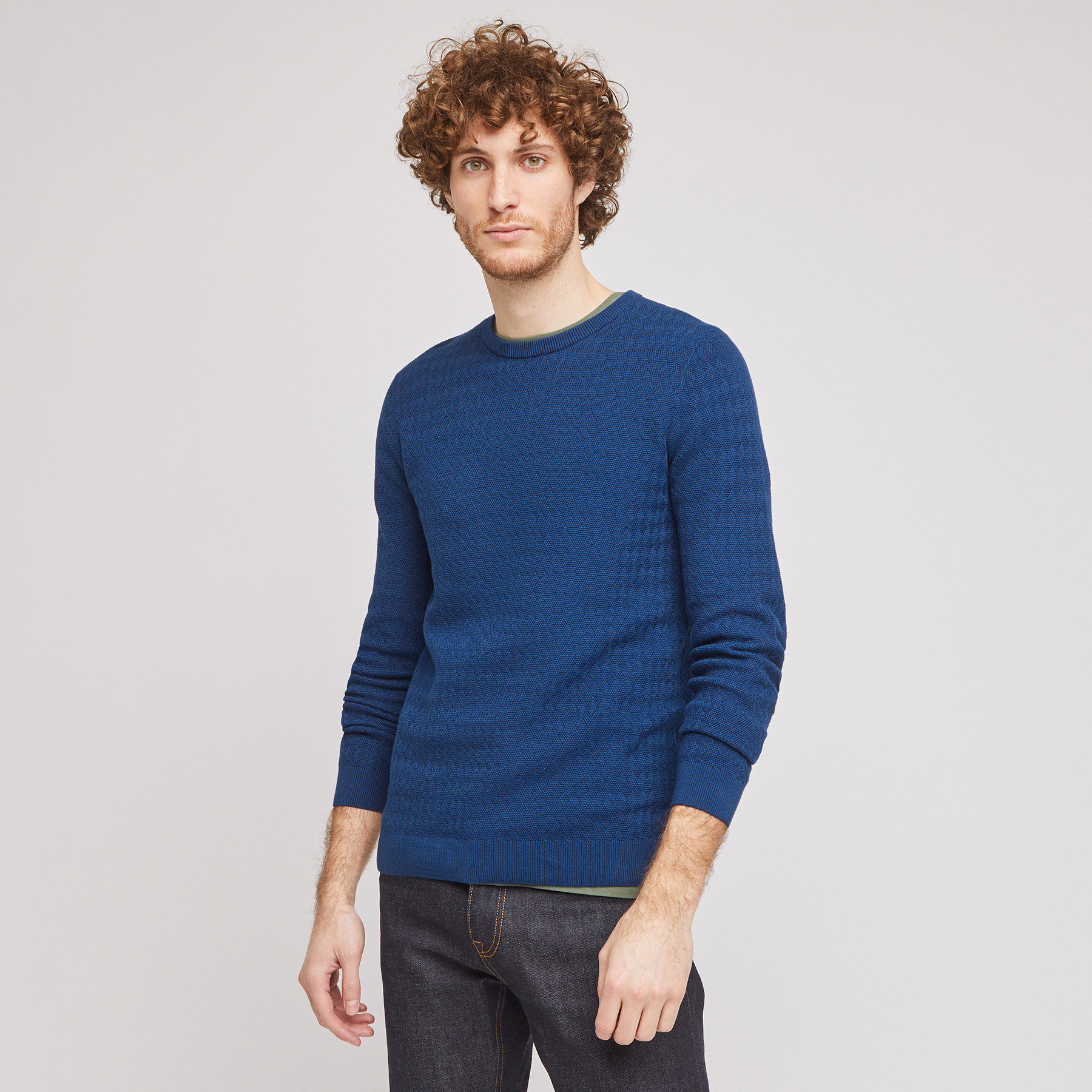 Pull col rond maille fantaisie in progress Bleu Homme