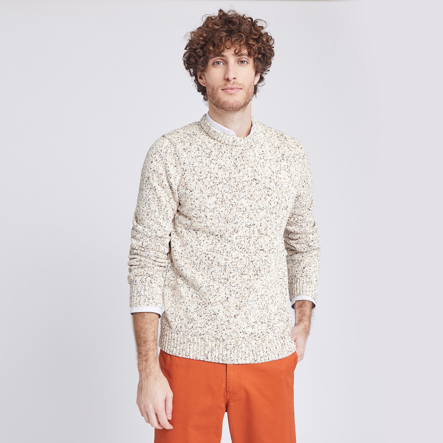 Pull col rond maille mélangée Blanc Homme